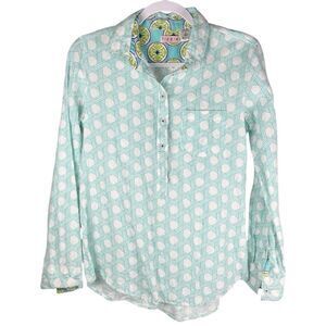 Tizzie Blue White Woven Rope Print Linen Blend Coastal Henley Blouse Size Small